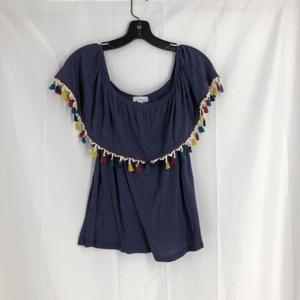 Allison Joy Blue Shirt Off The Shoulder Top Tassel Fringe Ruffle Fiesta Sz XS